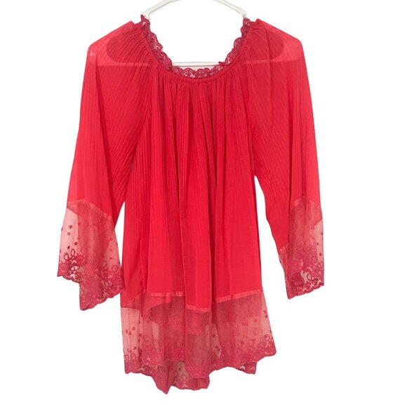 Solitaire Red Lace Boho Peasant Blouse Women’s Sz S Tunic 3/4 Sleeve Tassel Tie - Picture 11 of 11